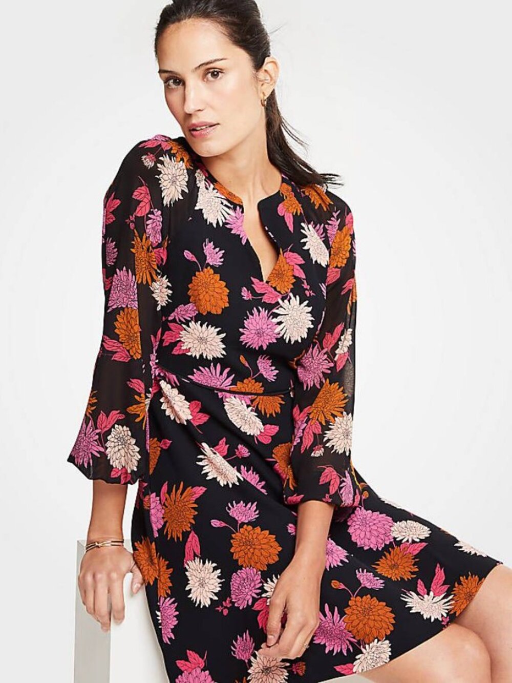 Ann Taylor Autumnal Black Pink Floral Sheer Long Sleeve Dress